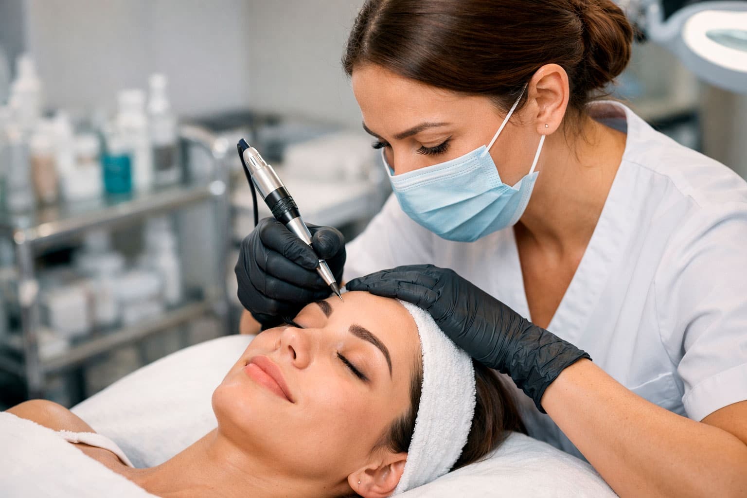 Profesional realizando microblading cejas con medidas higiénico sanitarias certificadas por sanidad