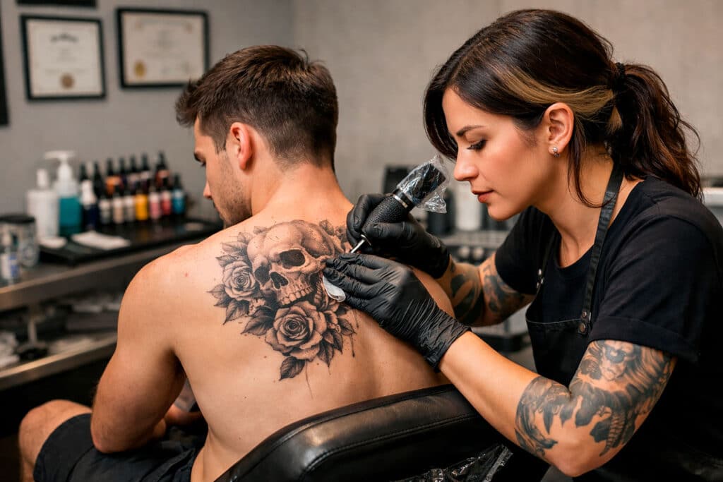 Primer plano de un tatuador profesional trabajando con guantes y medidas de higiene en un estudio que cumple la normativa de Madrid.