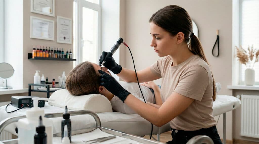 Técnico especialista realizando micropigmentación de cejas (microblading) con material homologado y seguro.
