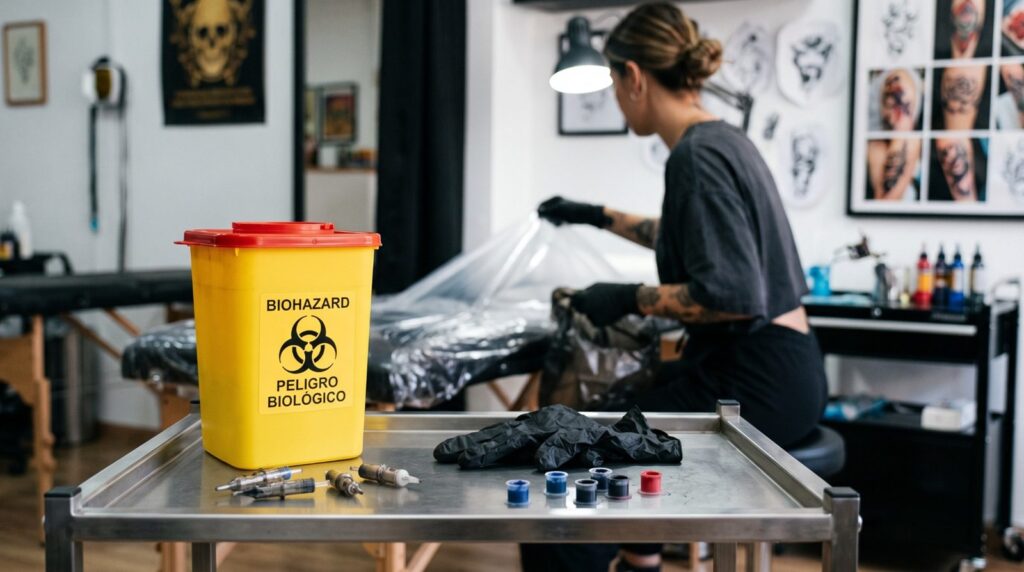 Contenedor amarillo de residuos punzantes con la etiqueta de peligro biológico, junto a cartuchos de agujas usados, guantes y capuchones de tinta en un estudio de tatuaje