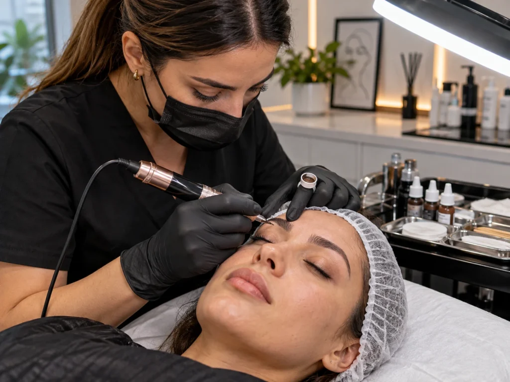 Micropigmentadora con guantes y mascarilla trabajando las cejas de una clienta en cabina