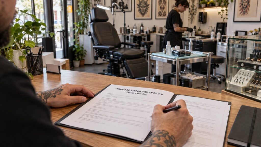 Tatuador firmando en el mostrador de su estudio un documento titulado «Seguro de responsabilidad civil. Tatuaje y piercing», con la camilla y una vitrina de piercing al fondo