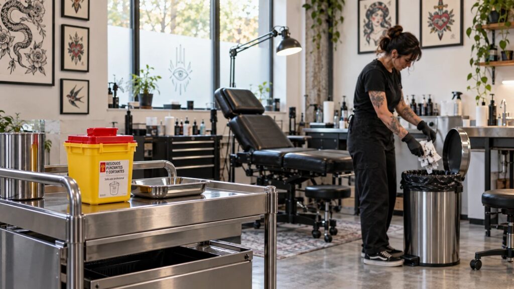 Tatuadora con guantes tirando papel manchado de tinta a un cubo con tapa y pedal; en primer plano, un contenedor amarillo rotulado «Residuos punzantes y cortantes»